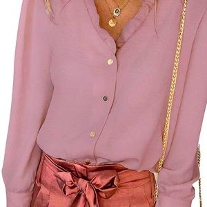 Rose colored v neck blouse gold buttons